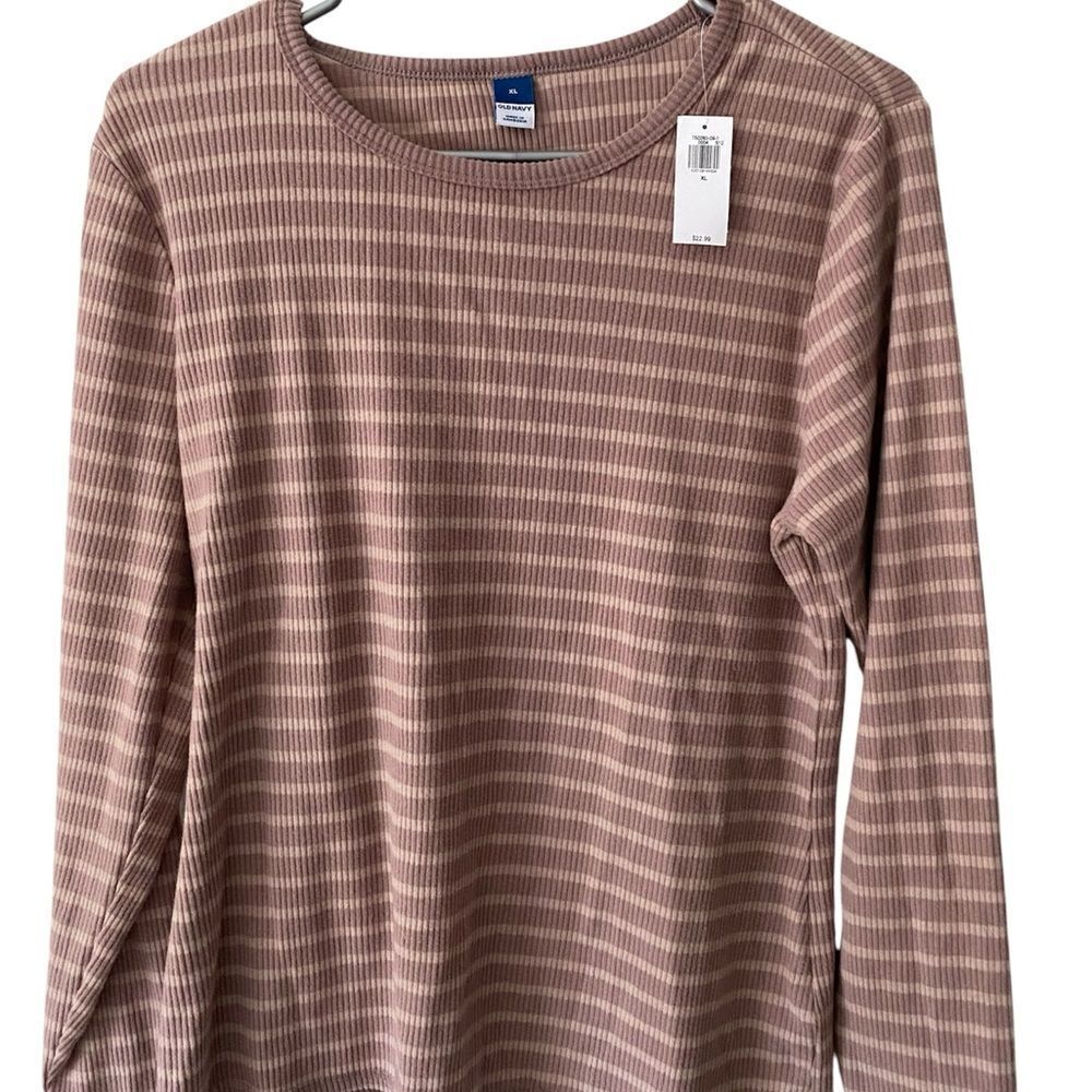 OLD NAVY Striped Ribbed Long Sleeve Top | Mauve and Cream | Size XL | NWT